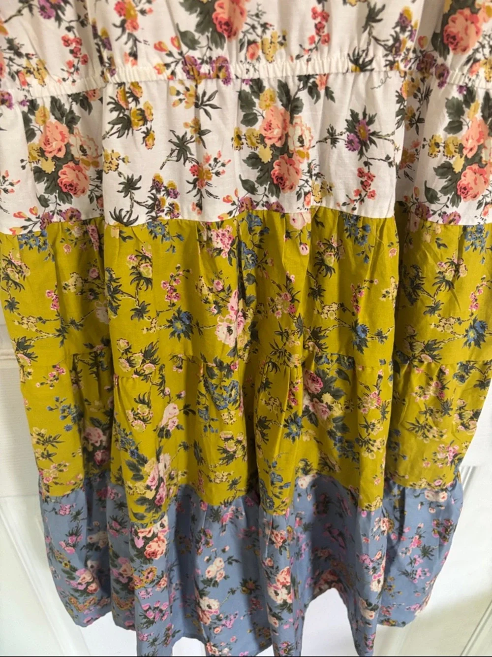 entro Floral Tiered Mini Dress in White, Olive, and Blue - Picture 9 of 11